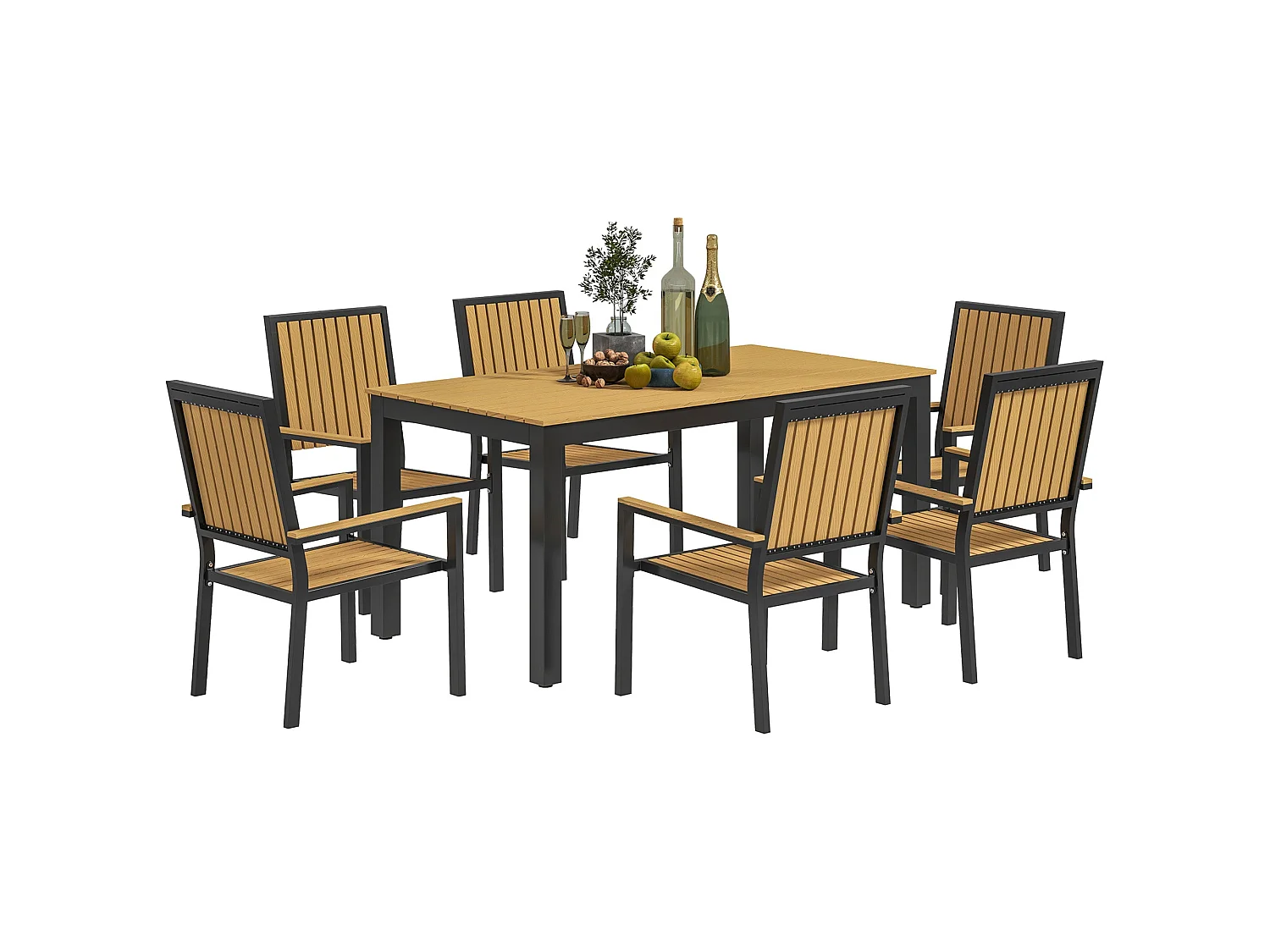 Rido 6 Seater Natural Wood Effect and Black Metal Garden Dining Set with Stackable Armchair Seats