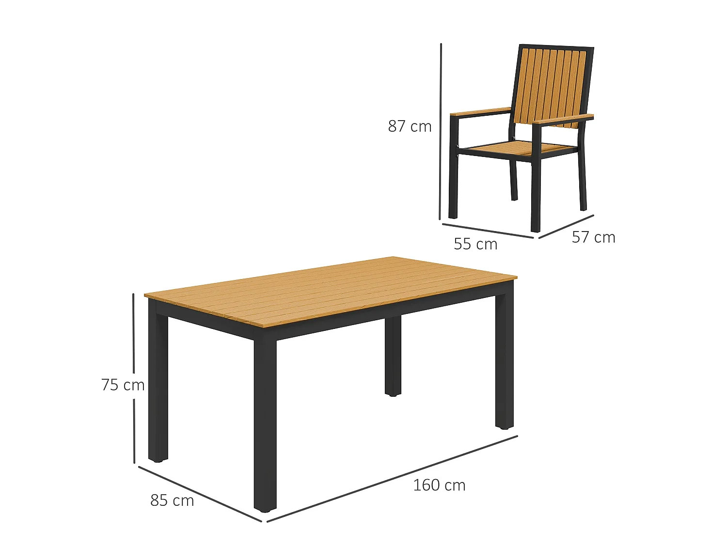 Rido 6 Seater Natural Wood Effect and Black Metal Garden Dining Set with Stackable Armchair Seats