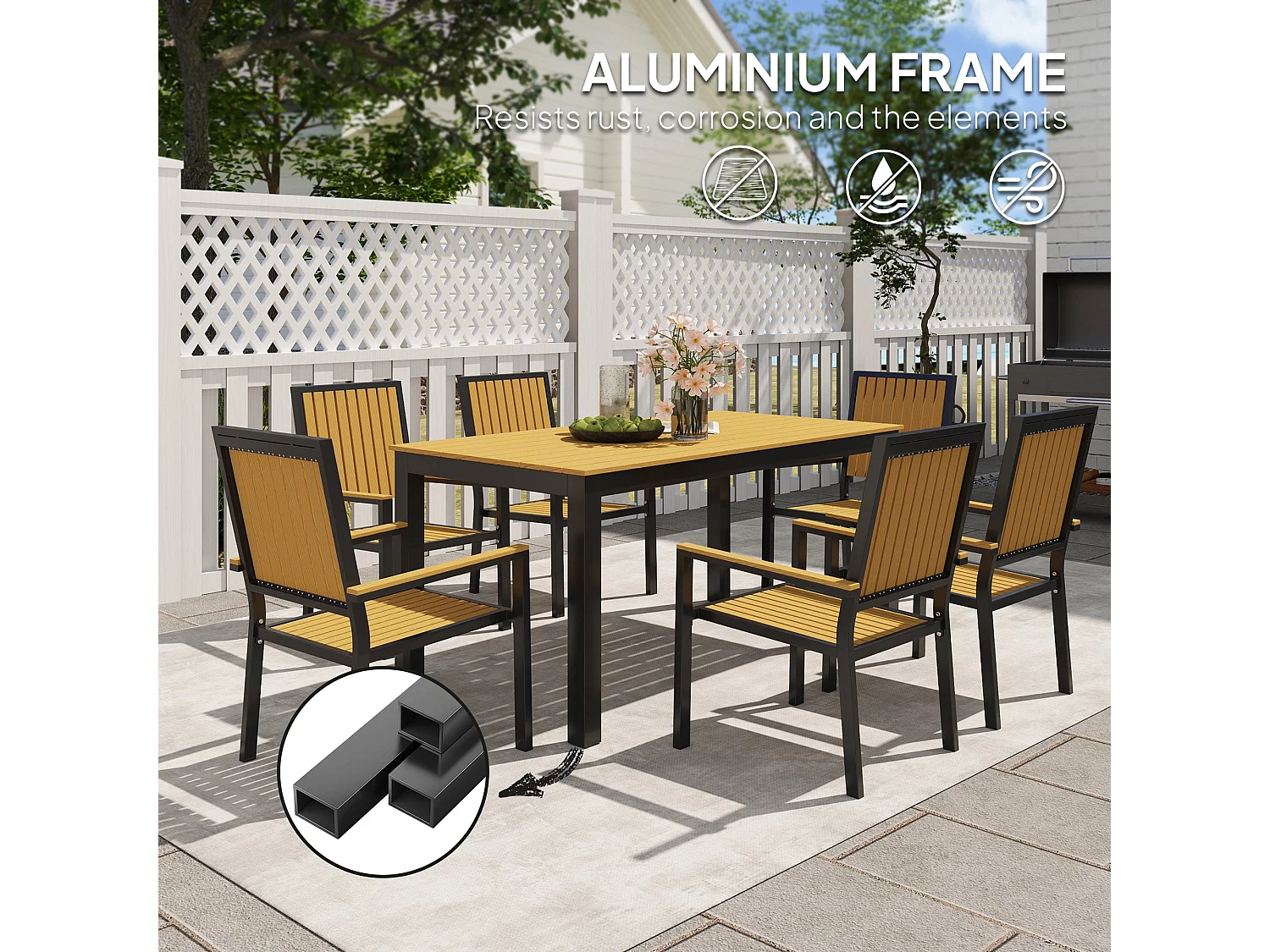 Rido 6 Seater Natural Wood Effect and Black Metal Garden Dining Set with Stackable Armchair Seats