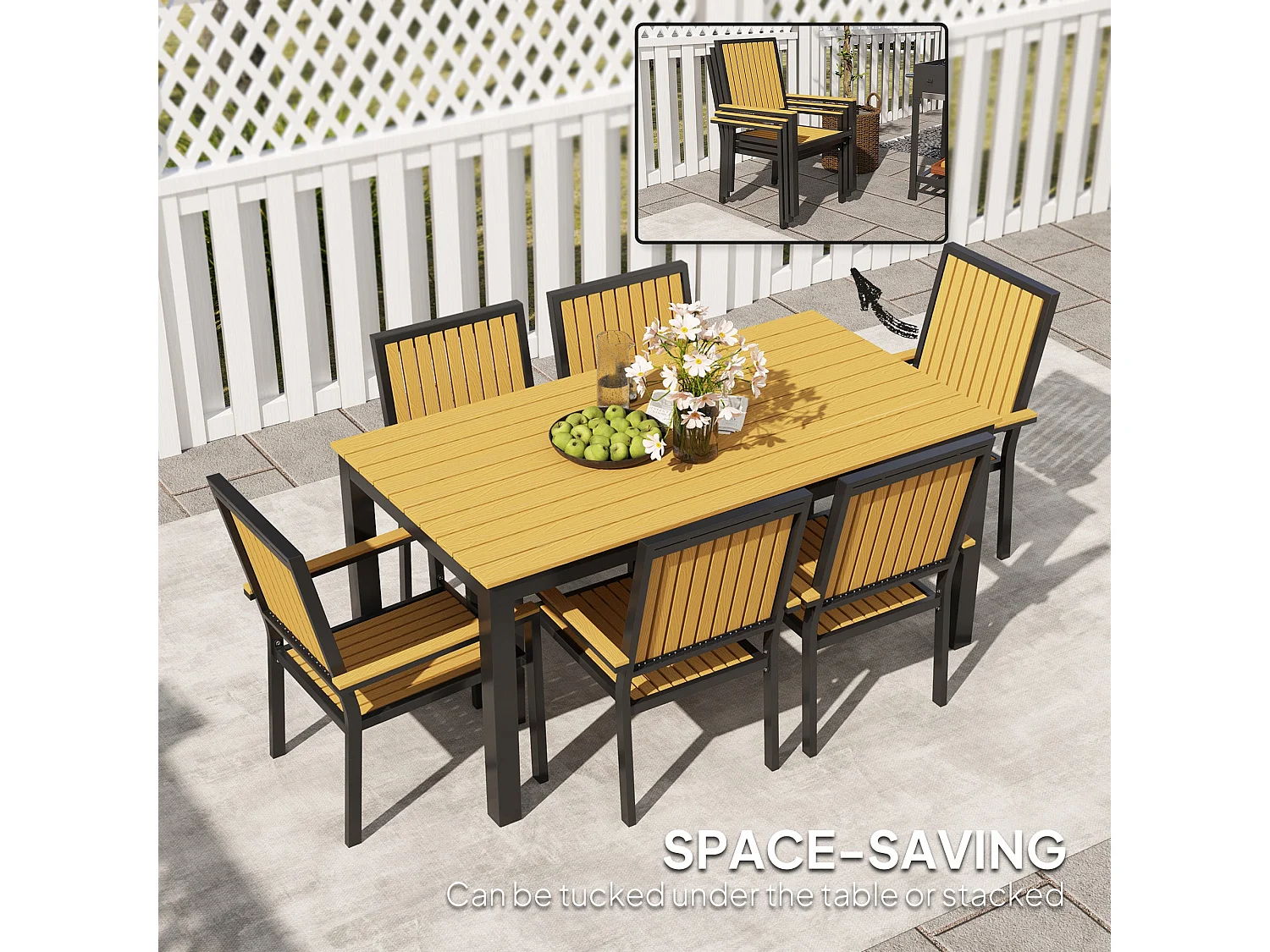 Rido 6 Seater Natural Wood Effect and Black Metal Garden Dining Set with Stackable Armchair Seats