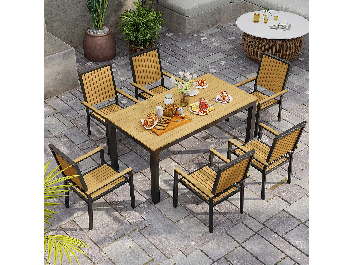 Rido 6 Seater Natural Wood Effect and Black Metal Garden Dining Set with Stackable Armchair Seats