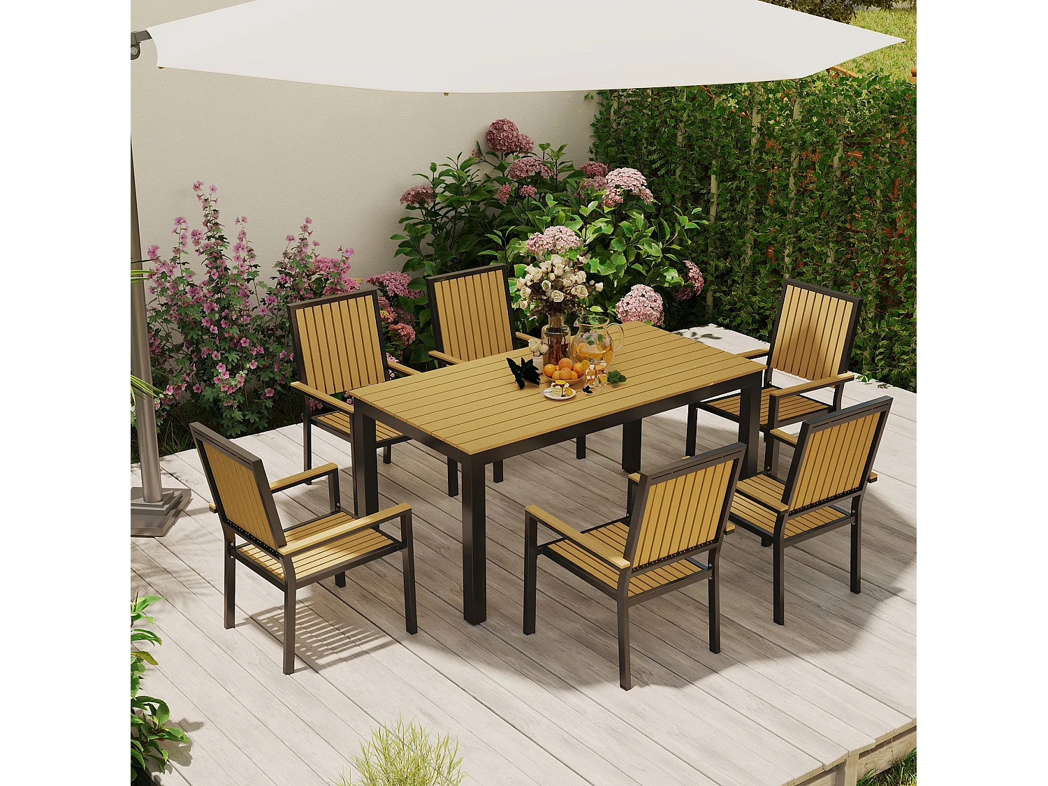 Rido 6 Seater Natural Wood Effect and Black Metal Garden Dining Set with Stackable Armchair Seats