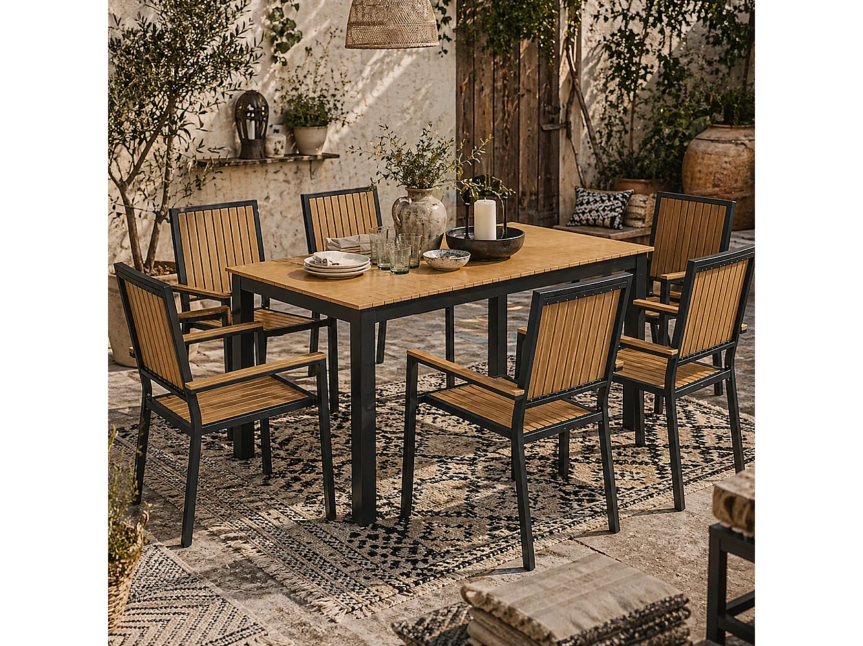 Rido 6 Seater Natural Wood Effect and Black Metal Garden Dining Set with Stackable Armchair Seats
