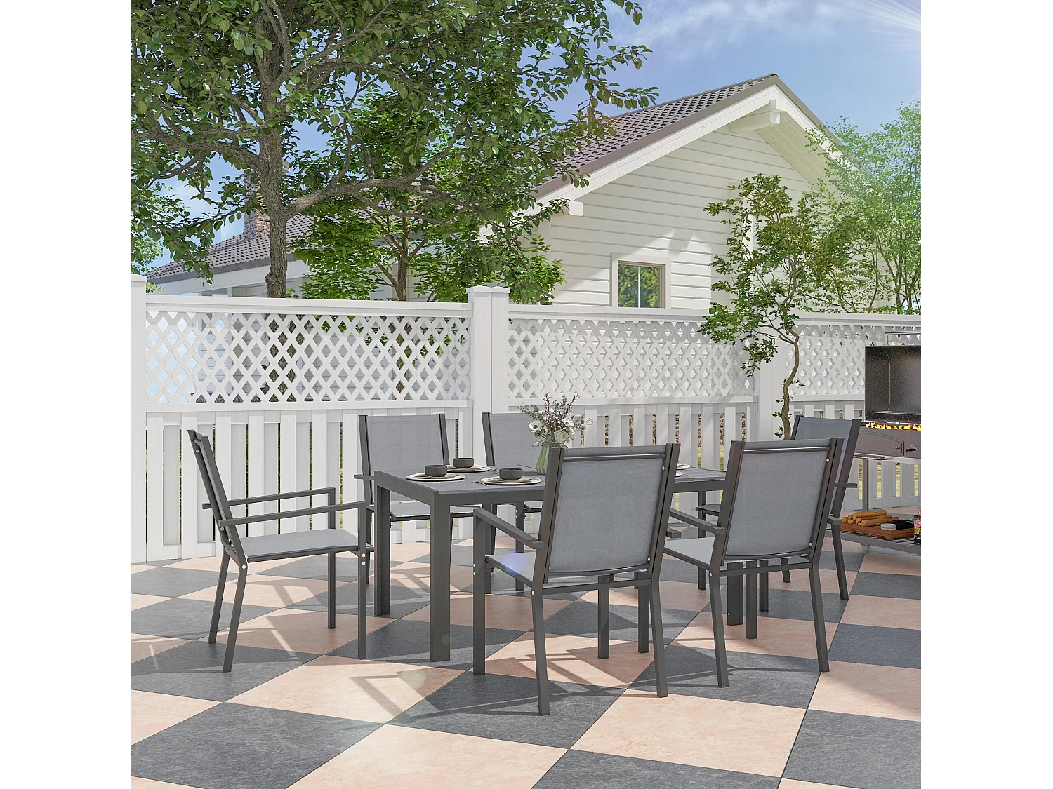 Lani 6 Seater Light Grey Mesh Garden Dining Set with Rectangular Table