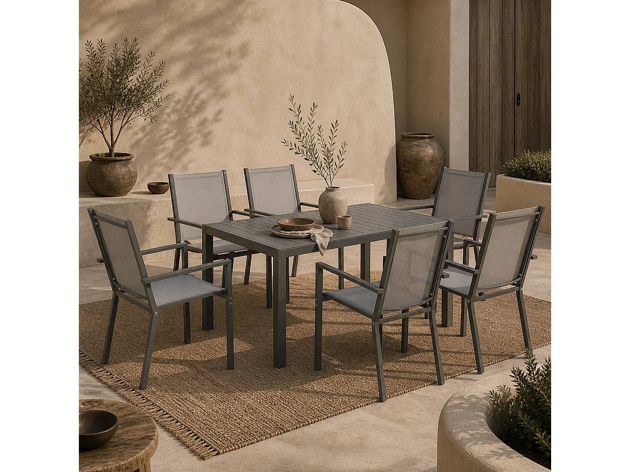 Lani 6 Seater Light Grey Mesh Garden Dining Set with Rectangular Table