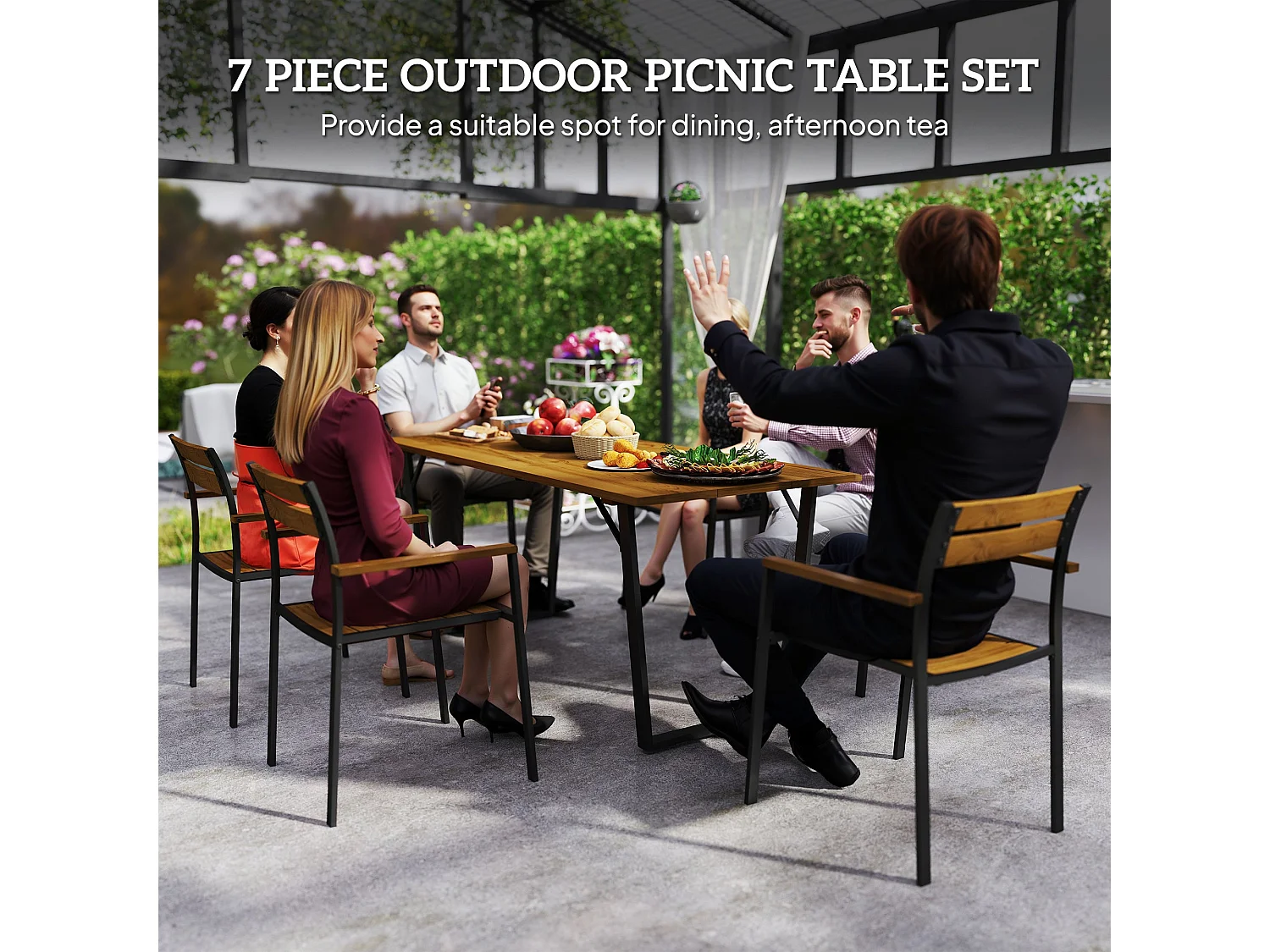 Mafi 6 Seater Wood Panel Outdoor Dining Set Slatted Chairs 175 x 80 x 75cm