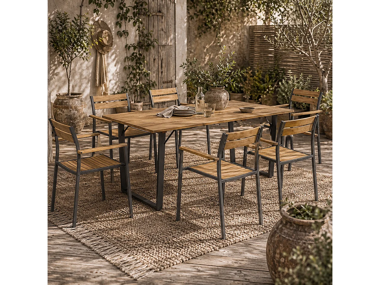 Mafi 6 Seater Wood Panel Outdoor Dining Set Slatted Chairs 175 x 80 x 75cm