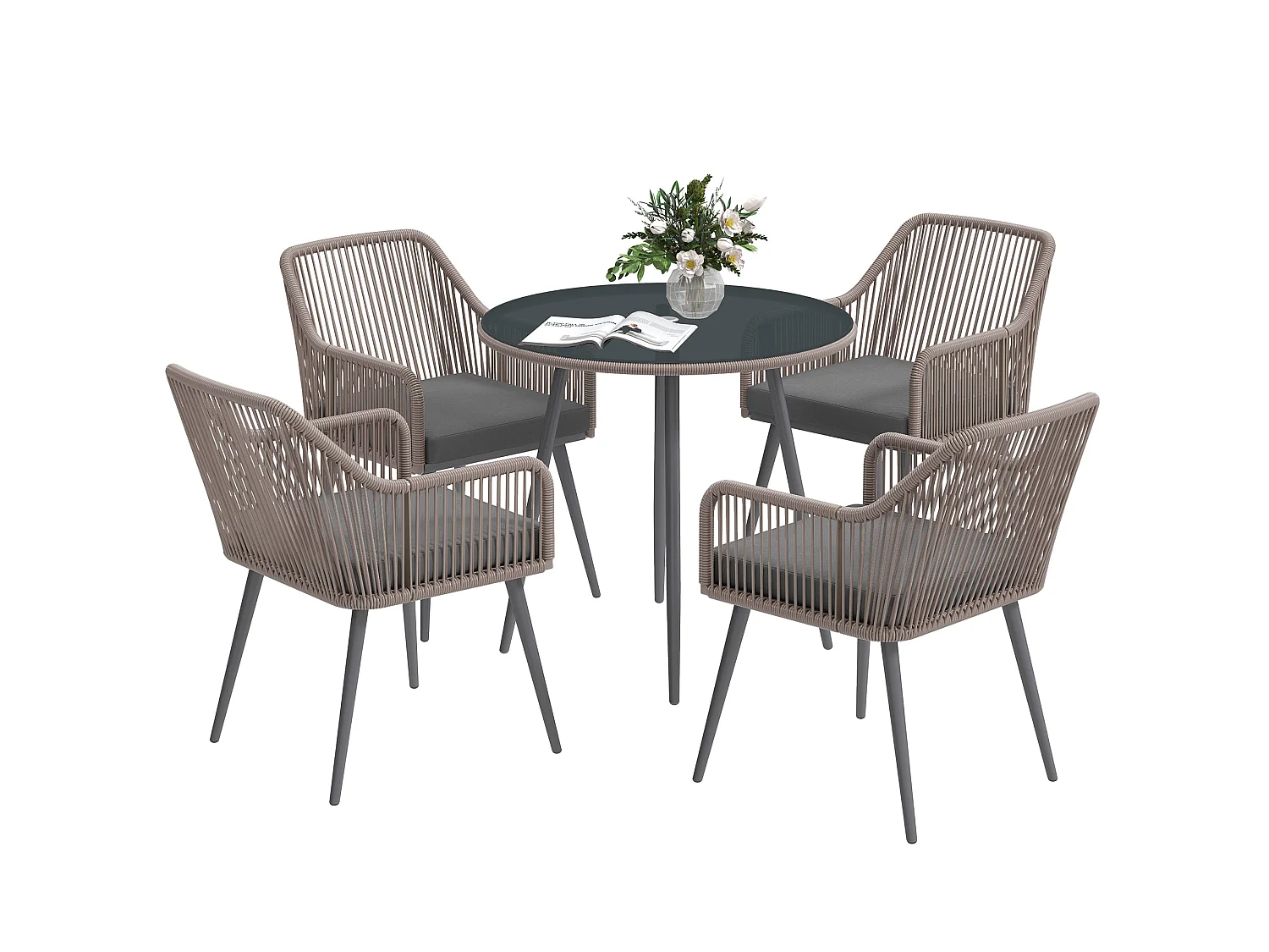 Sudore Rele Light Brown 4 Seater Rattan Outdoor Dining Set with Cushions and Round Glass Table