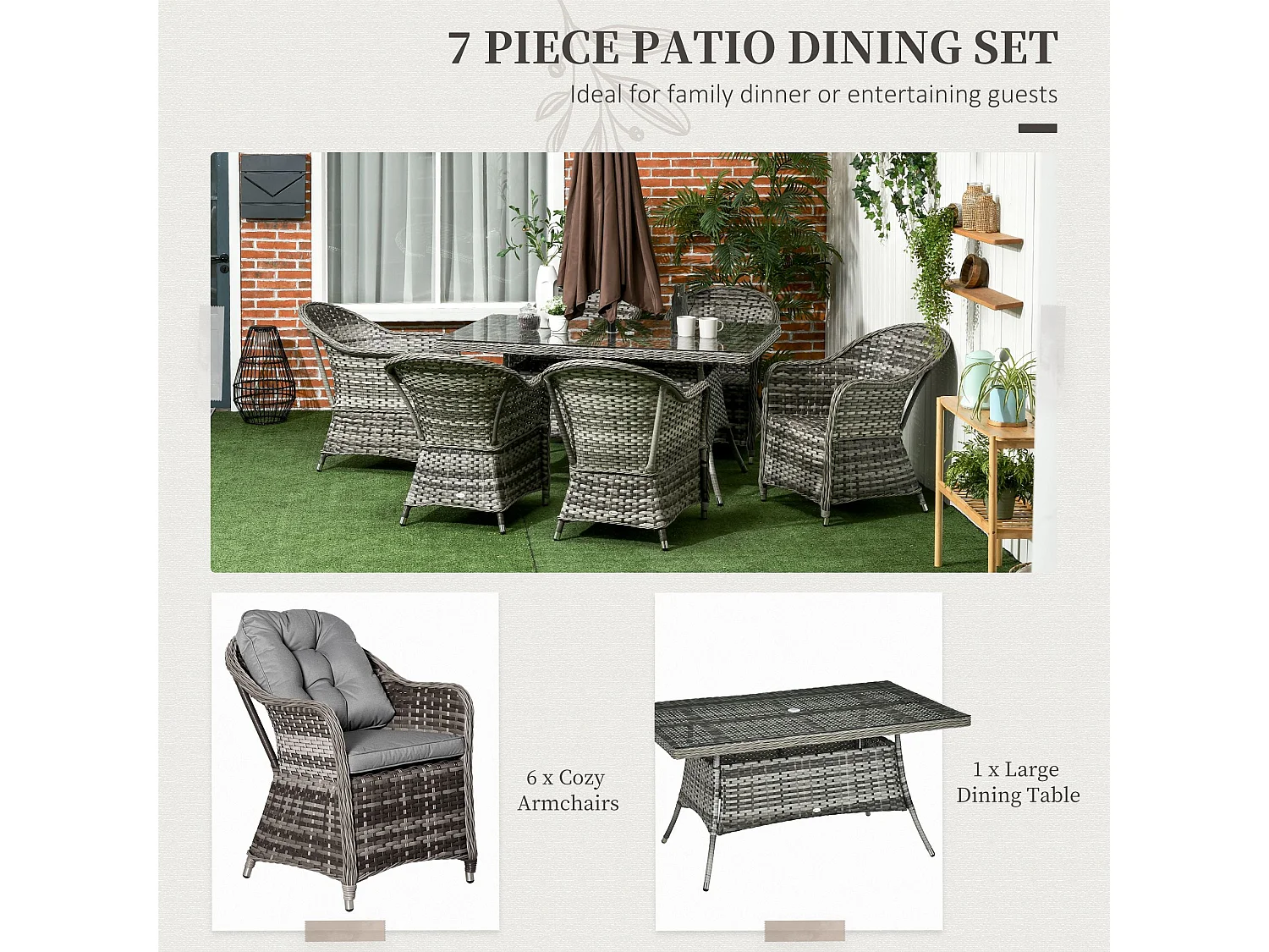 Viviel 6 Seater Grey Rattan Garden Dining Set with Cushioned Seats