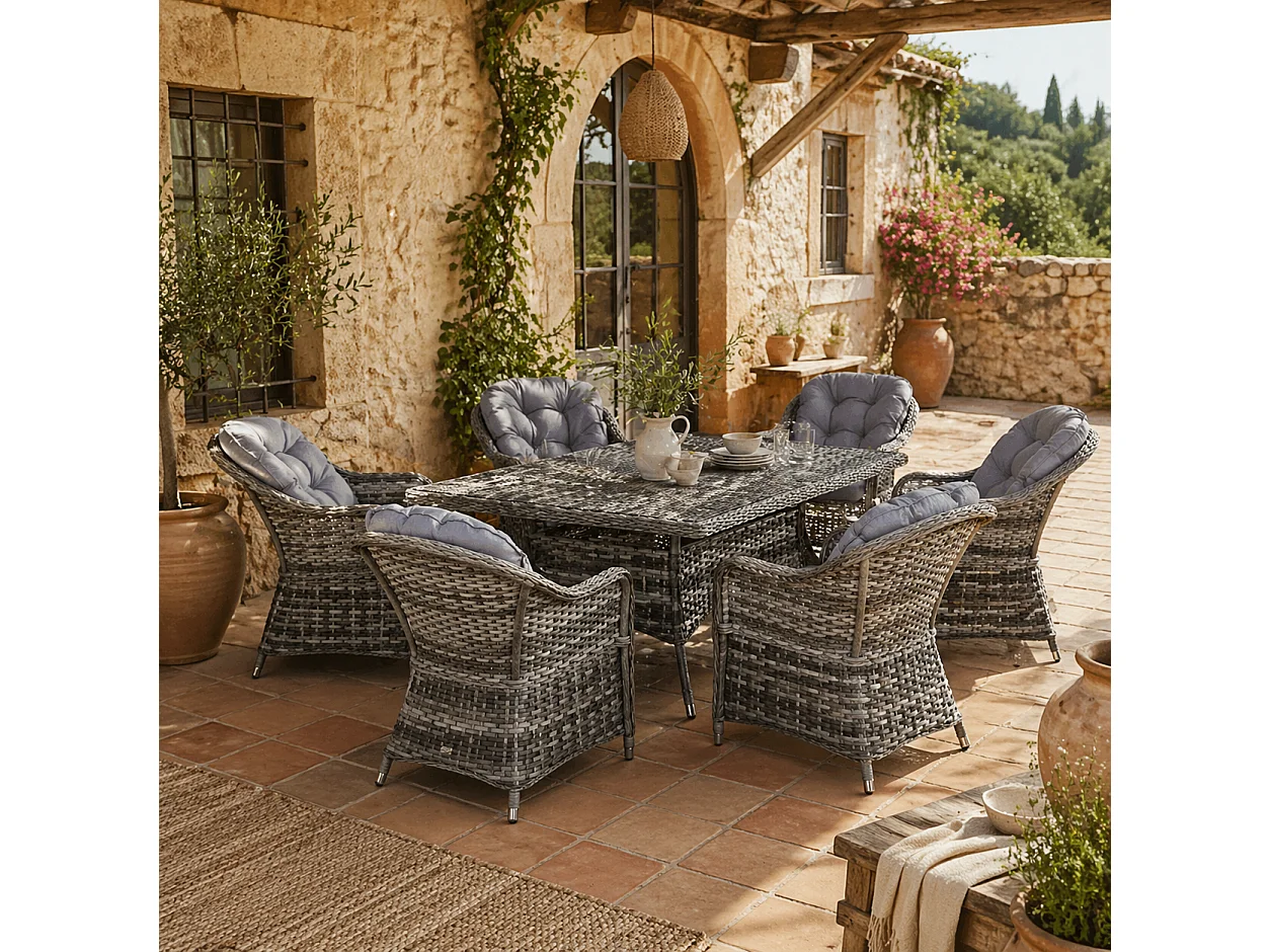 Viviel 6 Seater Grey Rattan Garden Dining Set with Cushioned Seats