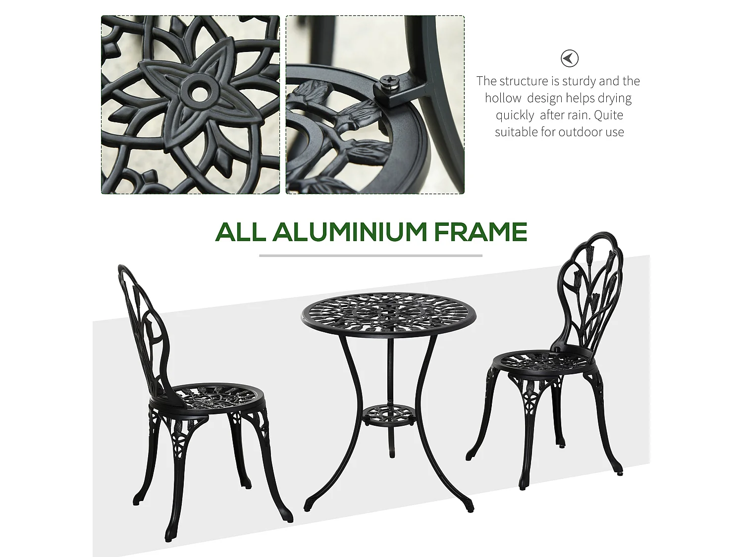 Malutte 3 Piece Aluminium Floral Bistro Set Black