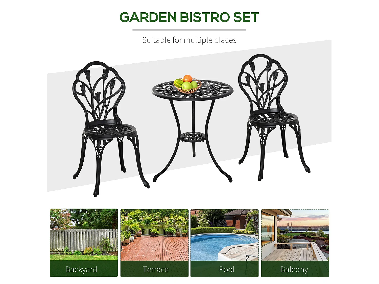 Malutte 3 Piece Aluminium Floral Bistro Set Black