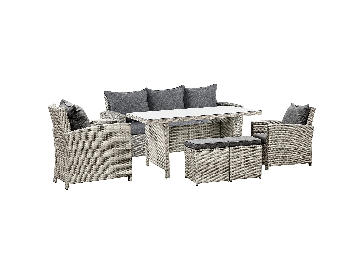 Vire Light Grey Rattan 6 Piece Outdoor Dining Set 3 Seater Sofa 2 Armchairs 2 Stools and Glass Table