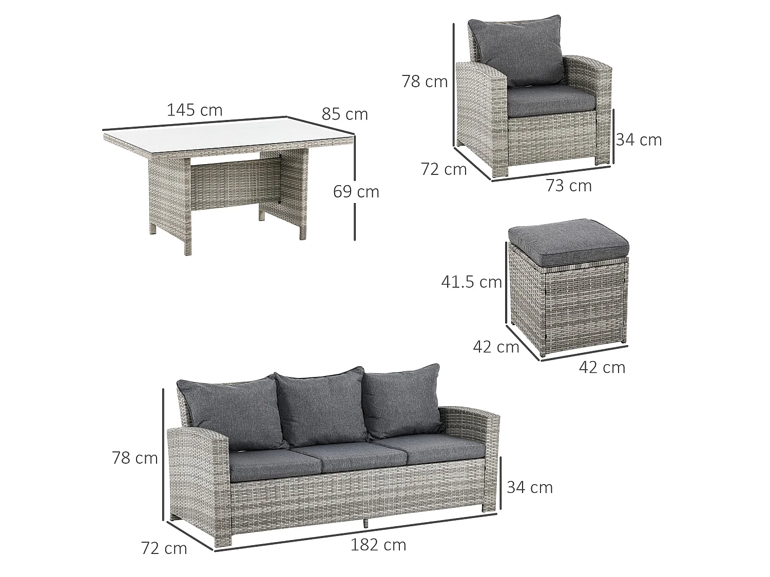 Vire Light Grey Rattan 6 Piece Outdoor Dining Set 3 Seater Sofa 2 Armchairs 2 Stools and Glass Table