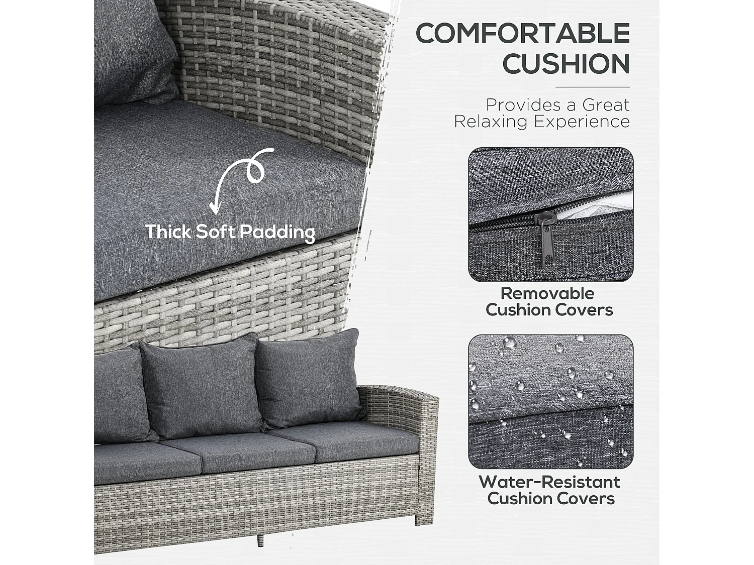 Vire Light Grey Rattan 6 Piece Outdoor Dining Set 3 Seater Sofa 2 Armchairs 2 Stools and Glass Table