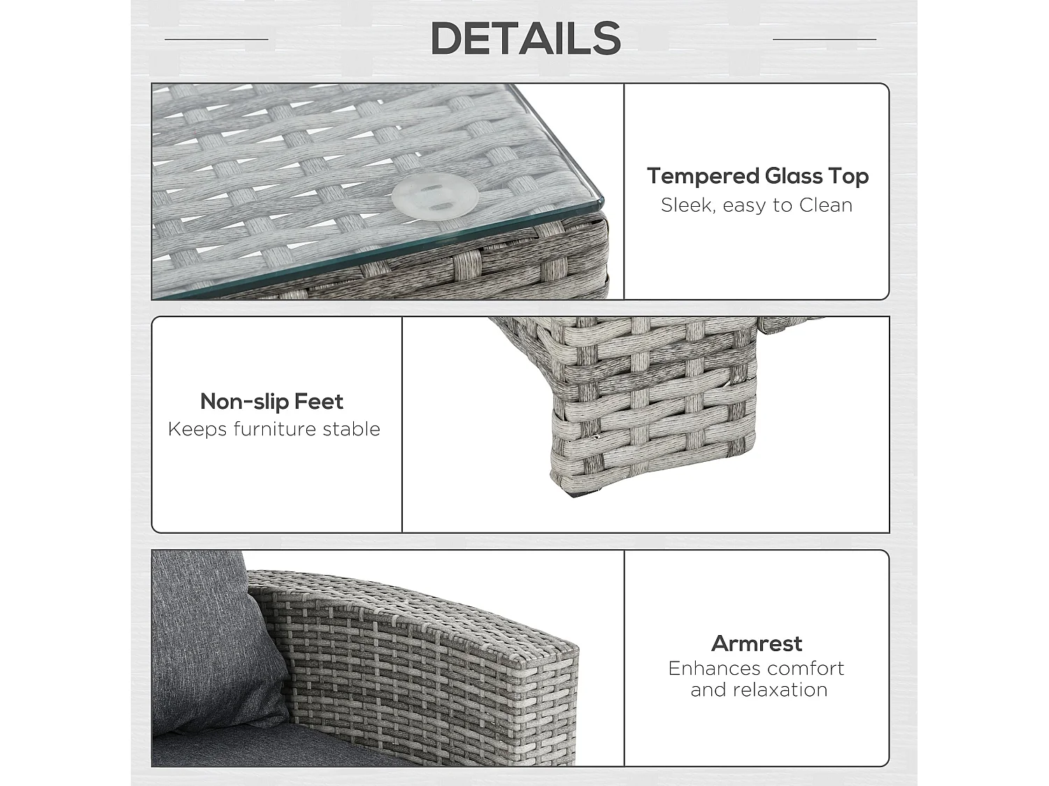 Vire Light Grey Rattan 6 Piece Outdoor Dining Set 3 Seater Sofa 2 Armchairs 2 Stools and Glass Table