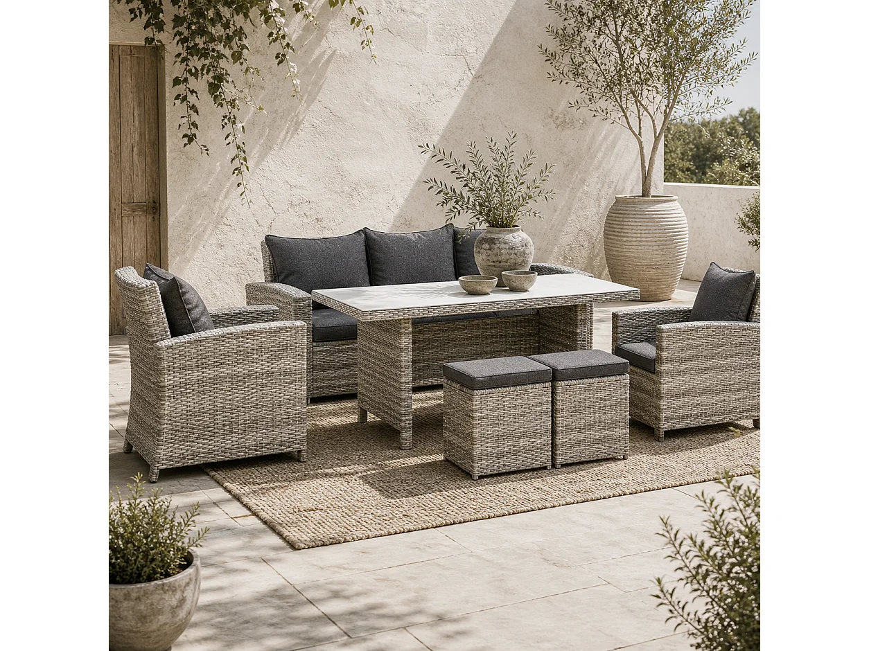Vire Light Grey Rattan 6 Piece Outdoor Dining Set 3 Seater Sofa 2 Armchairs 2 Stools and Glass Table