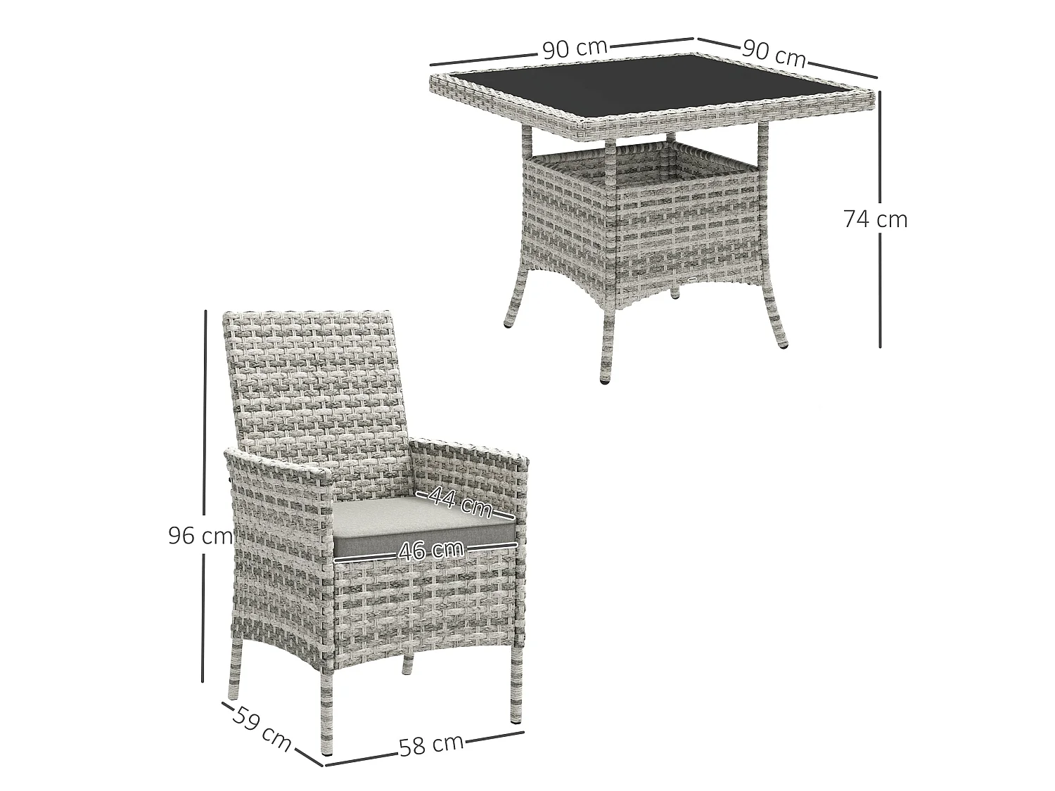Noha Light Grey 4 Seater Rattan Outdoor Dining Set with Square Tempered Glass Table