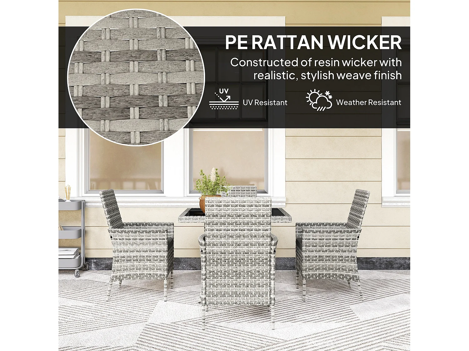 Noha Light Grey 4 Seater Rattan Outdoor Dining Set with Square Tempered Glass Table