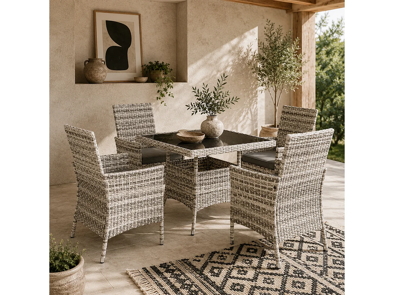 Noha Light Grey 4 Seater Rattan Outdoor Dining Set with Square Tempered Glass Table