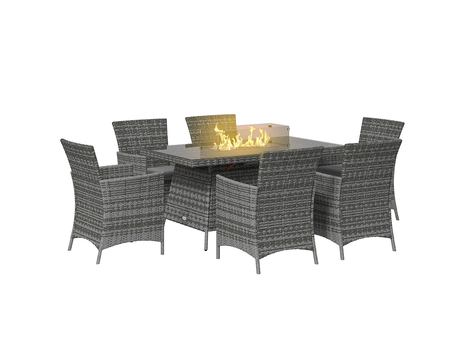 Ravezi Grey Rattan 6 Seater Garden Dining Set with Fire Pit Table and Glass Top