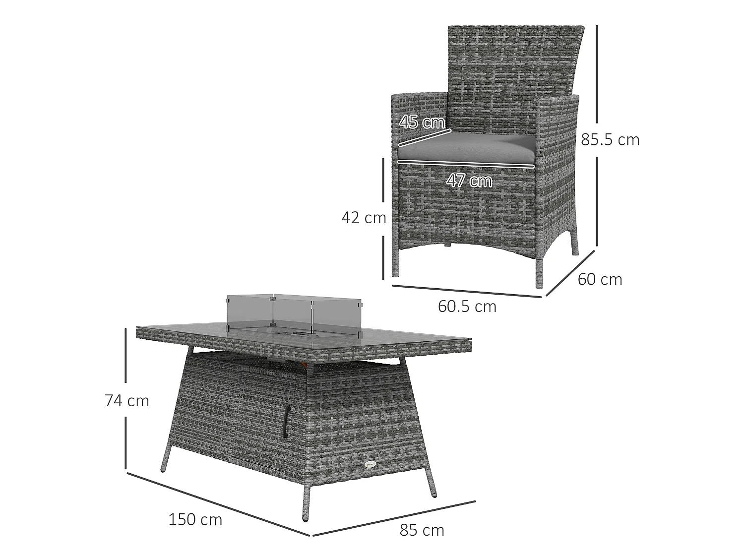 Ravezi Grey Rattan 6 Seater Garden Dining Set with Fire Pit Table and Glass Top