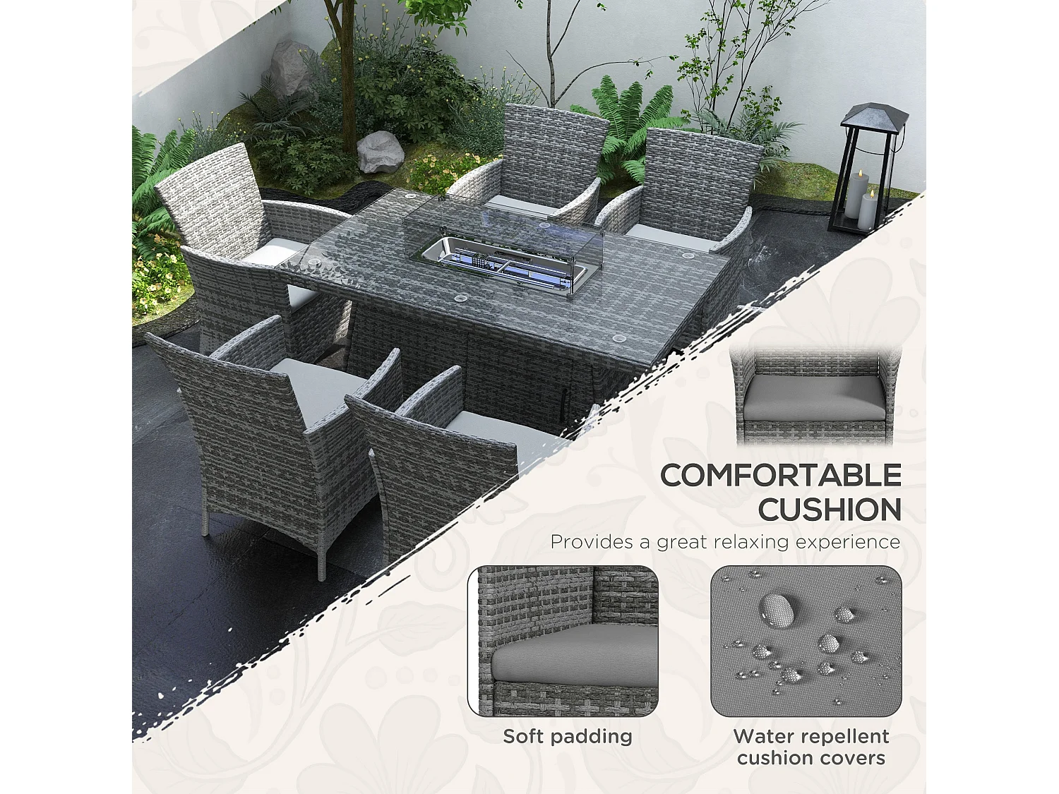 Ravezi Grey Rattan 6 Seater Garden Dining Set with Fire Pit Table and Glass Top