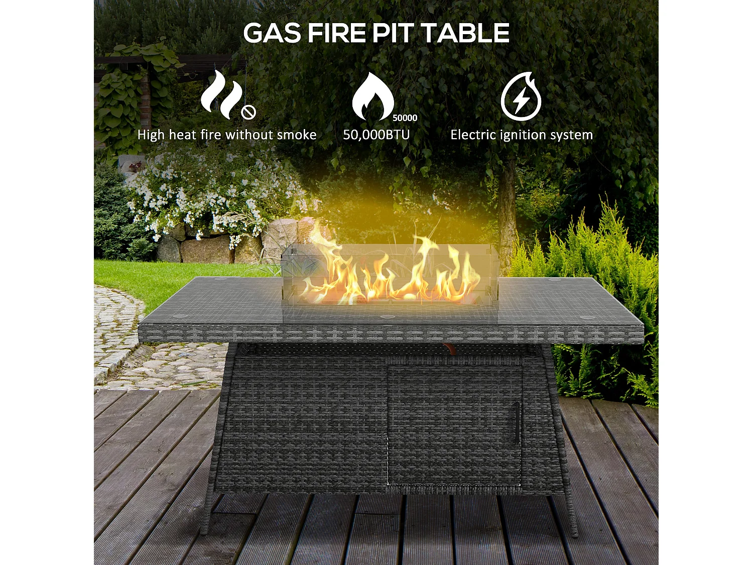 Ravezi Grey Rattan 6 Seater Garden Dining Set with Fire Pit Table and Glass Top