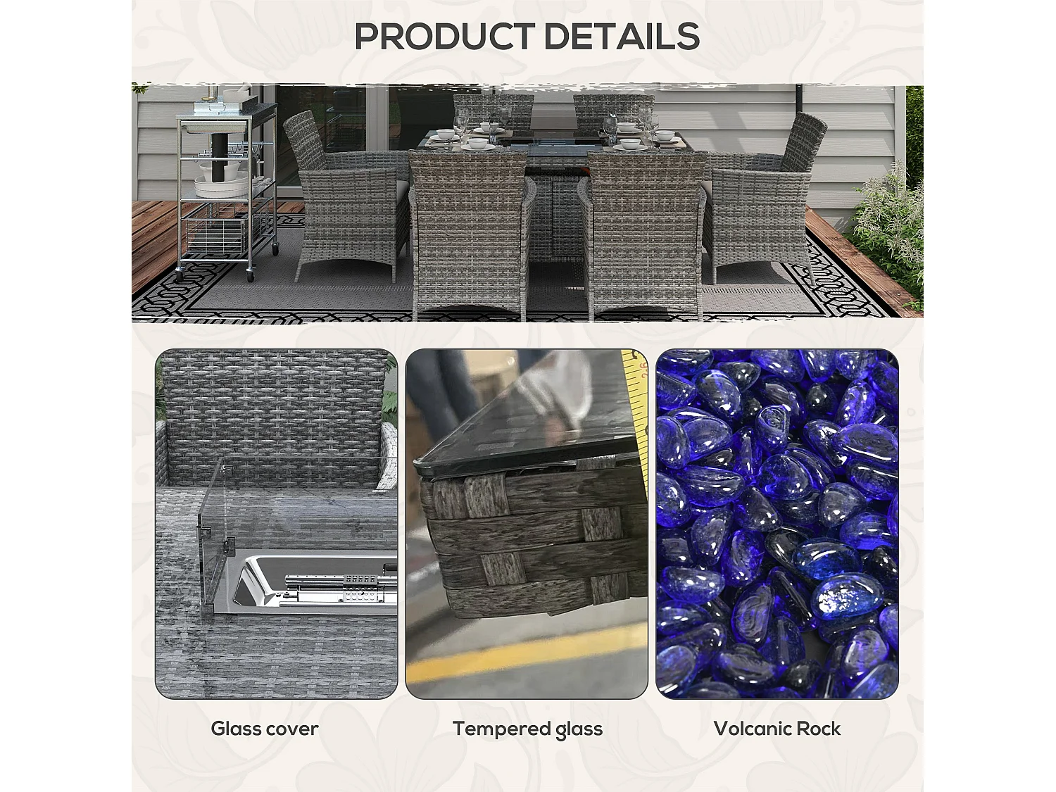 Ravezi Grey Rattan 6 Seater Garden Dining Set with Fire Pit Table and Glass Top