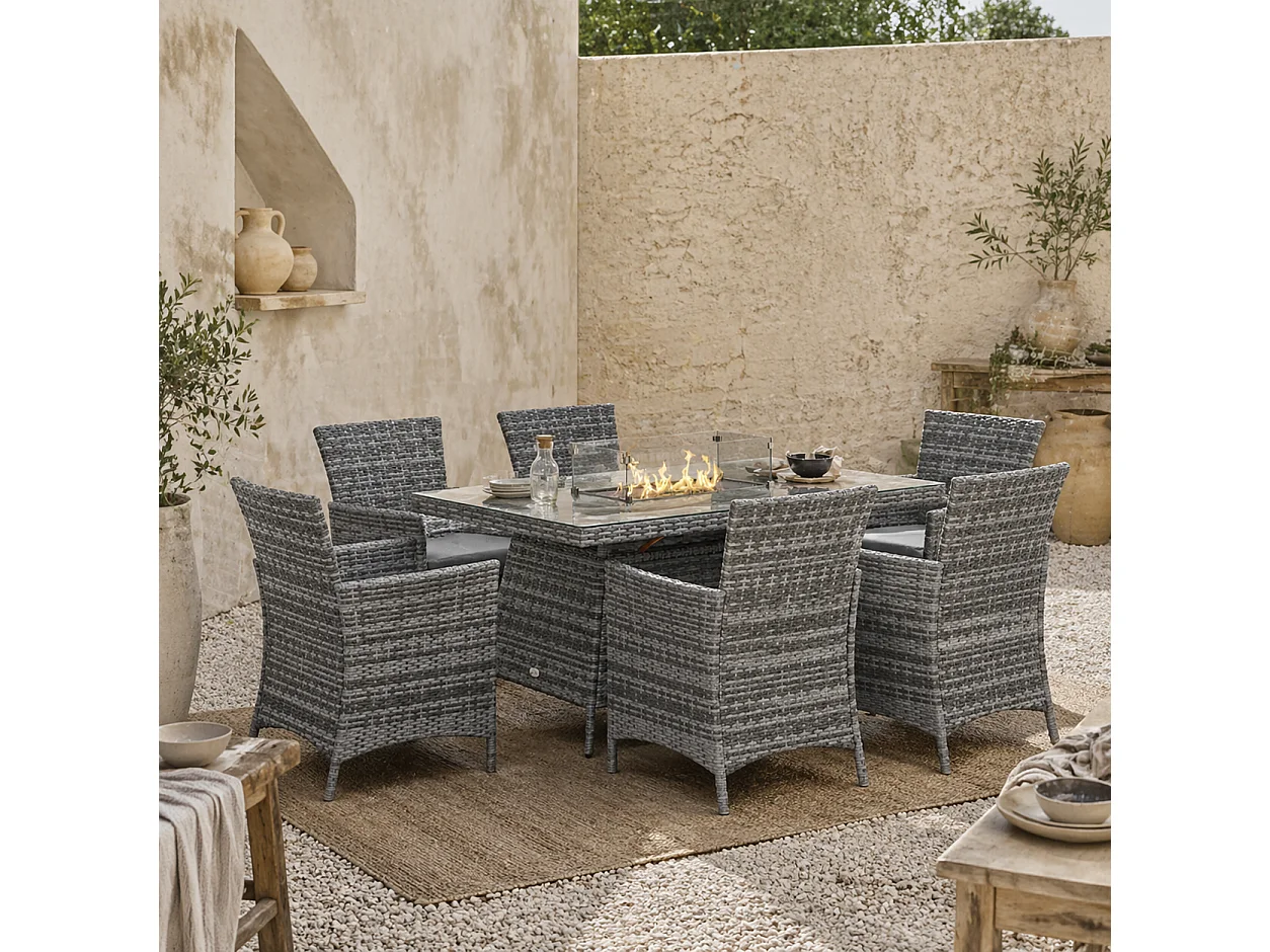 Ravezi Grey Rattan 6 Seater Garden Dining Set with Fire Pit Table and Glass Top