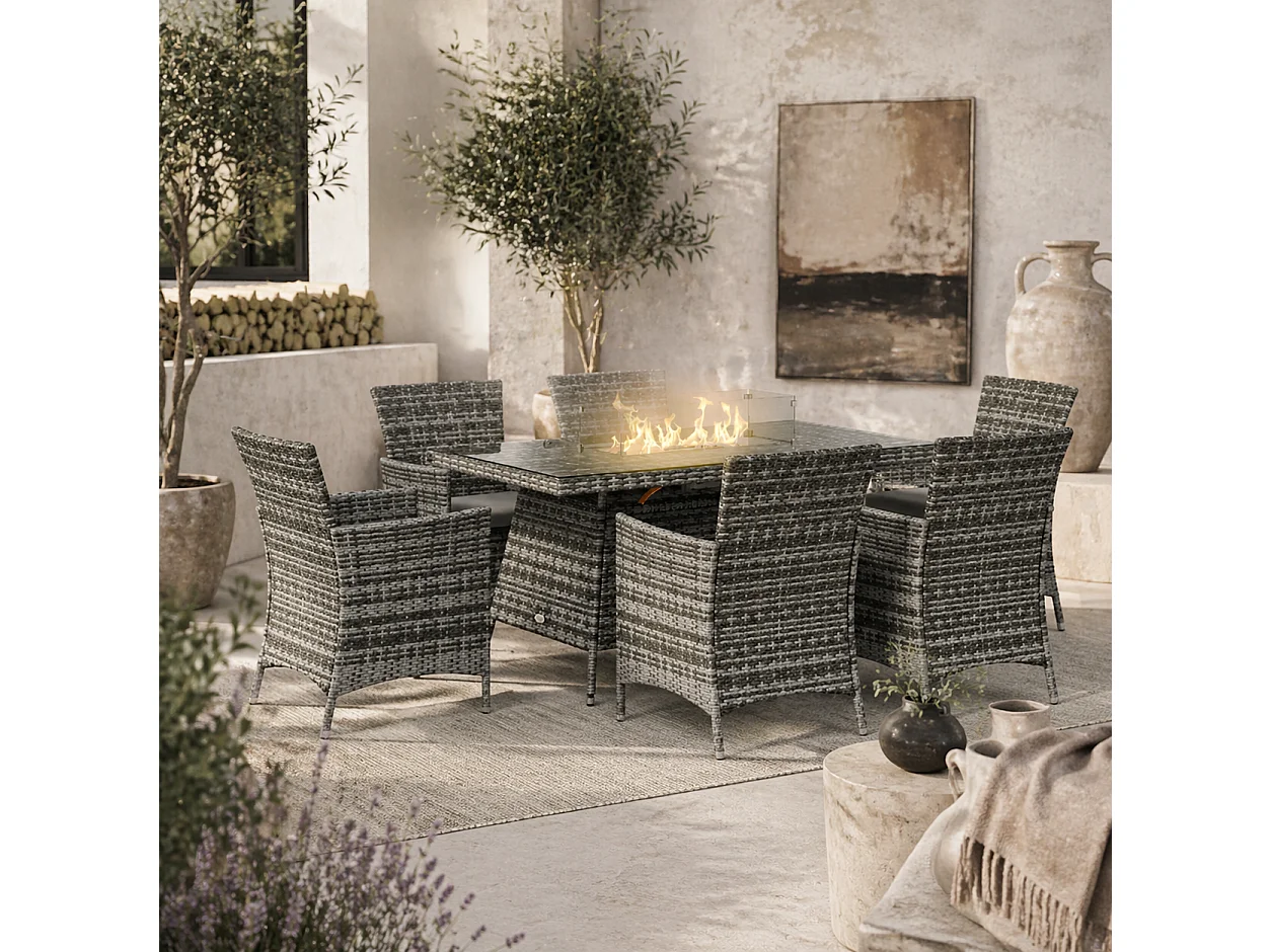 Ravezi Grey Rattan 6 Seater Garden Dining Set with Fire Pit Table and Glass Top