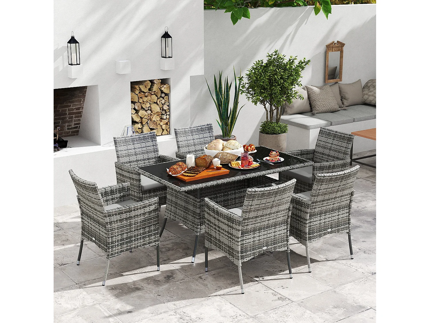 Zila 6 Seater Grey Rattan Outdoor Dining Set with Cushioned Armchairs and 5mm Glass Table