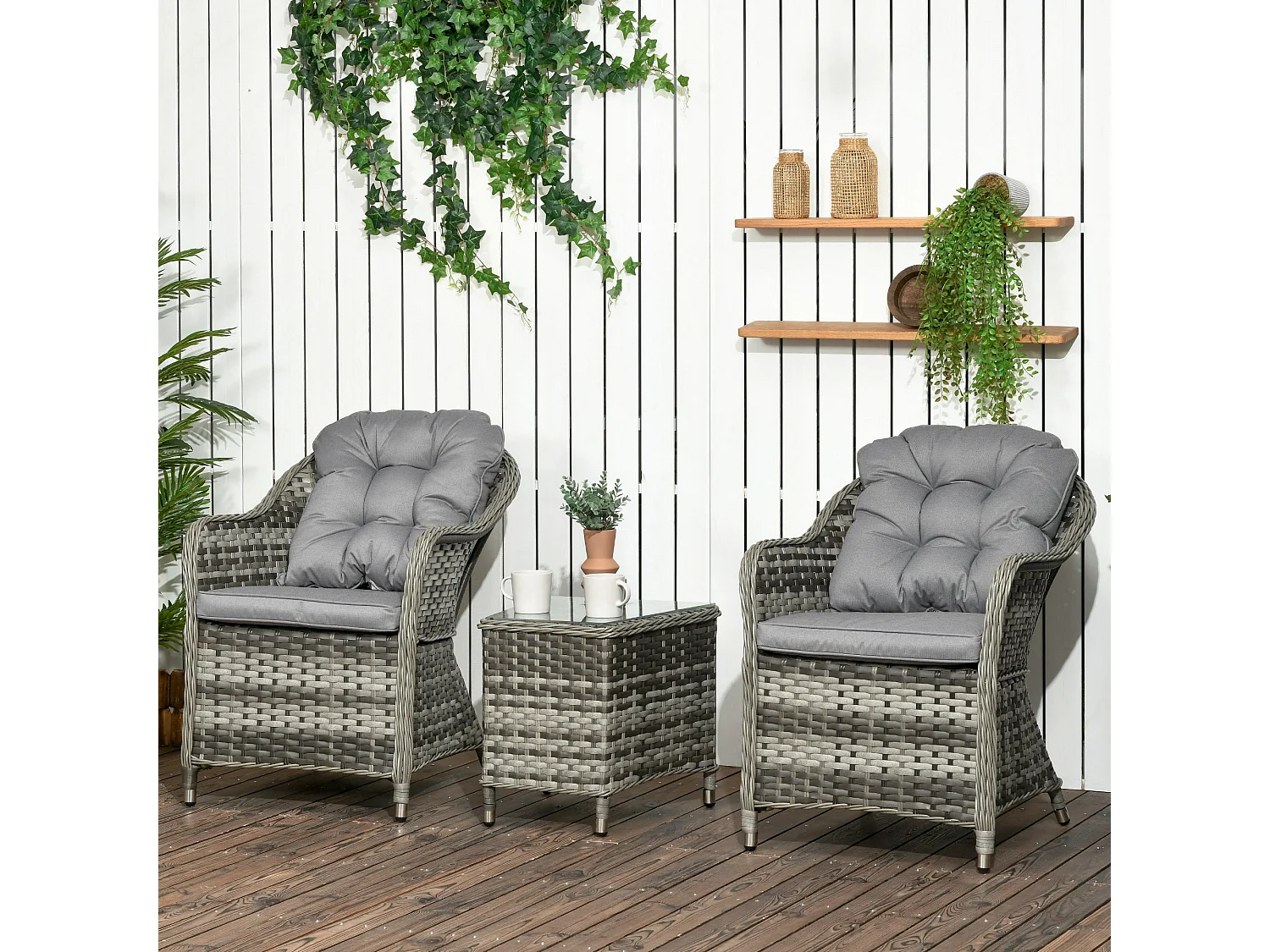 Yosu Grey 3 Piece Rattan Bistro Set with Glass Top Table