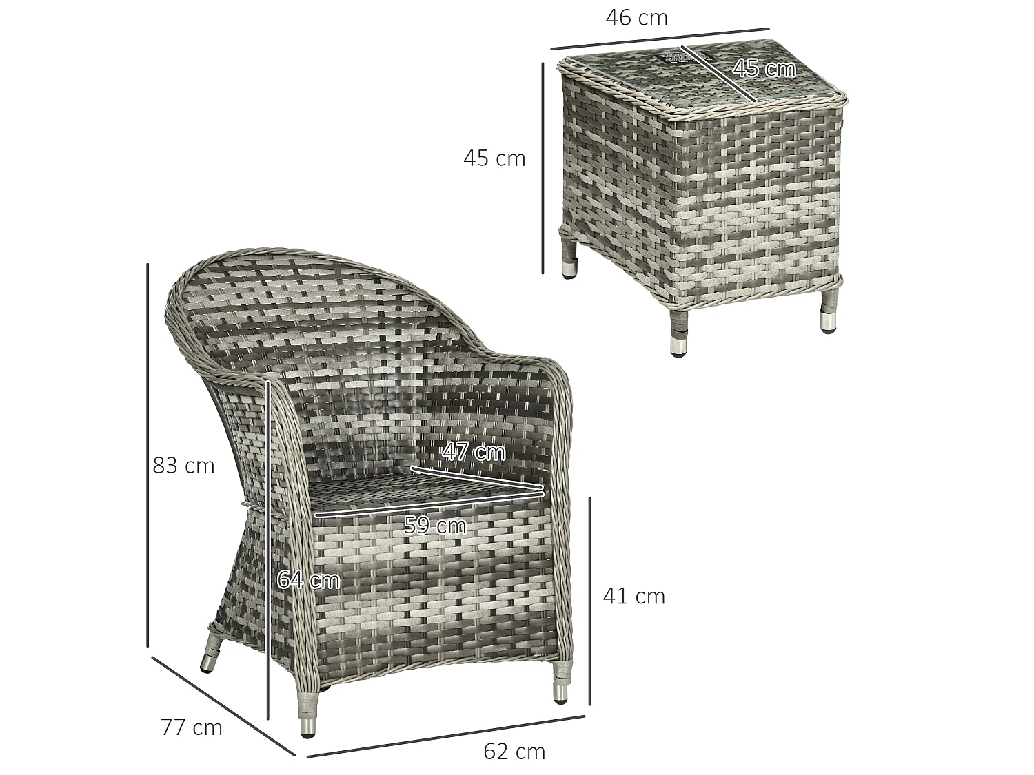 Yosu Grey 3 Piece Rattan Bistro Set with Glass Top Table