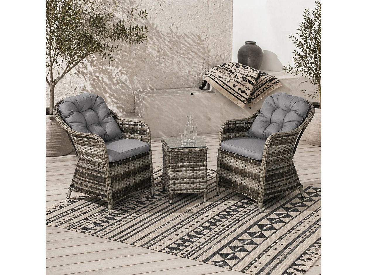 Yosu Grey 3 Piece Rattan Bistro Set with Glass Top Table