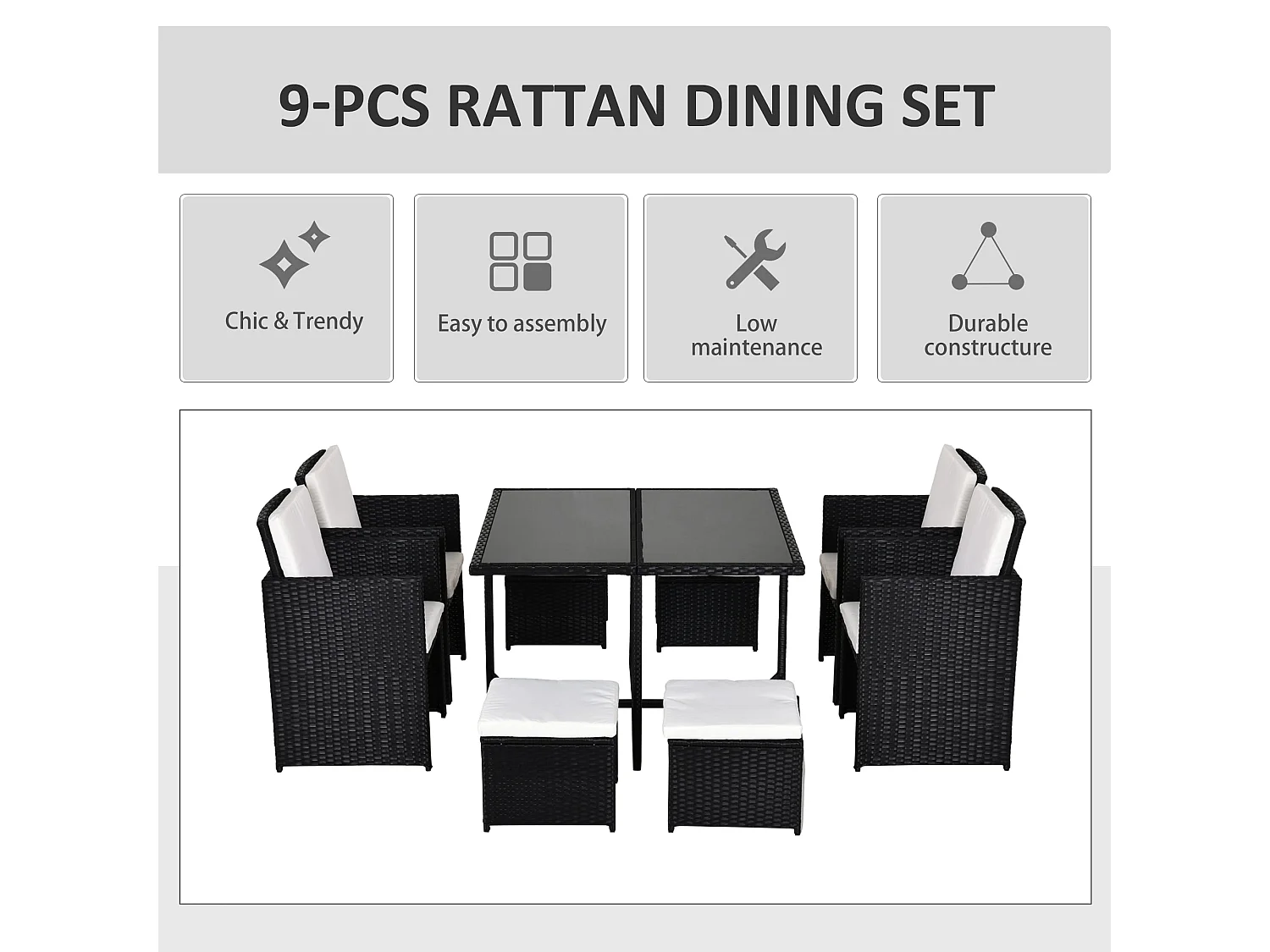 Viro Rattan Black 8 Seater Cube Garden Dining Set with Cushions and Square Glass Table