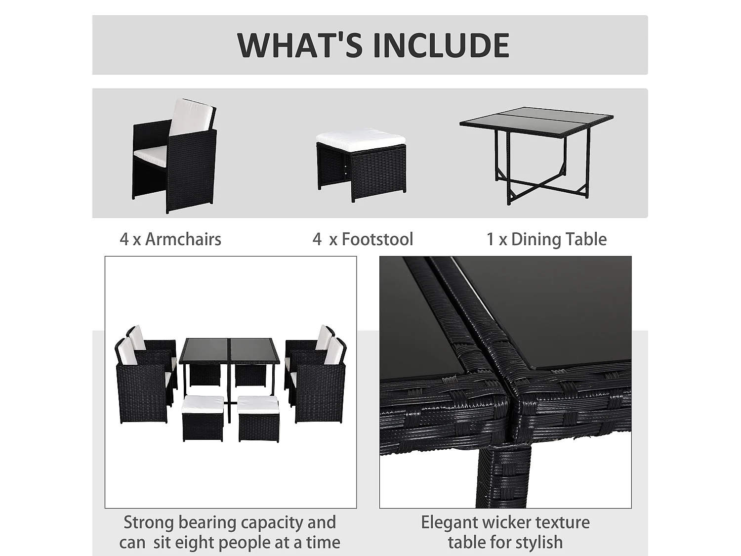 Viro Rattan Black 8 Seater Cube Garden Dining Set with Cushions and Square Glass Table