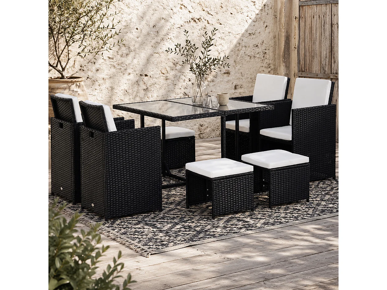 Viro Rattan Black 8 Seater Cube Garden Dining Set with Cushions and Square Glass Table