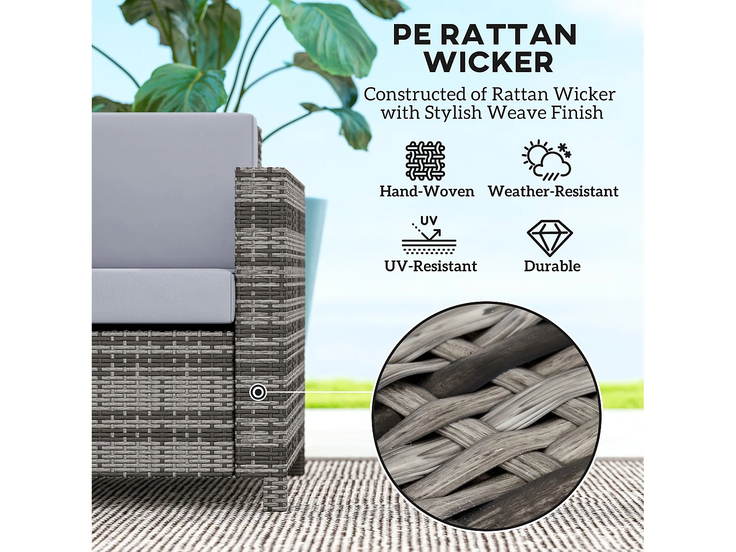 Noluha Grey Rattan 2 Seater Outdoor Sofa with Armrests