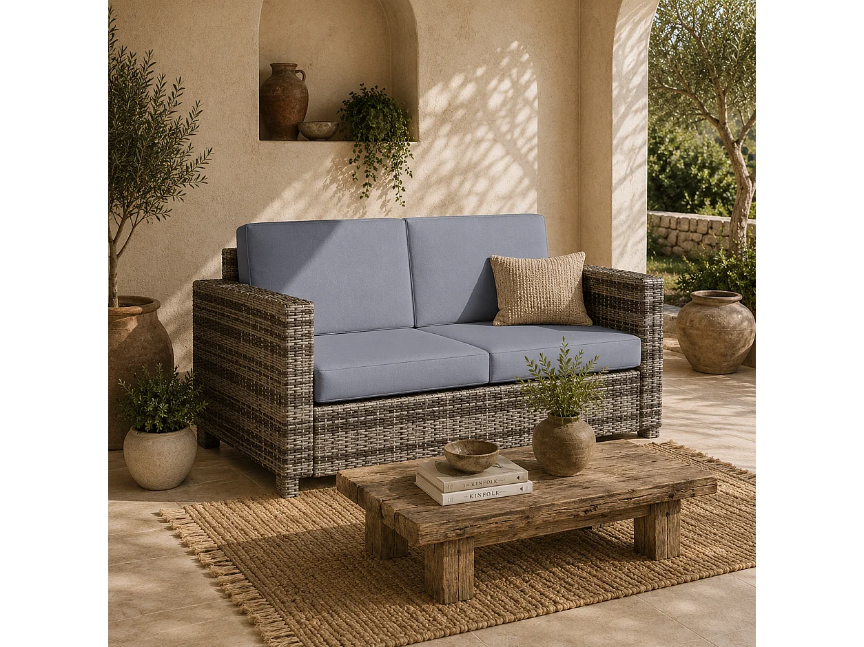 Noluha Grey Rattan 2 Seater Outdoor Sofa with Armrests