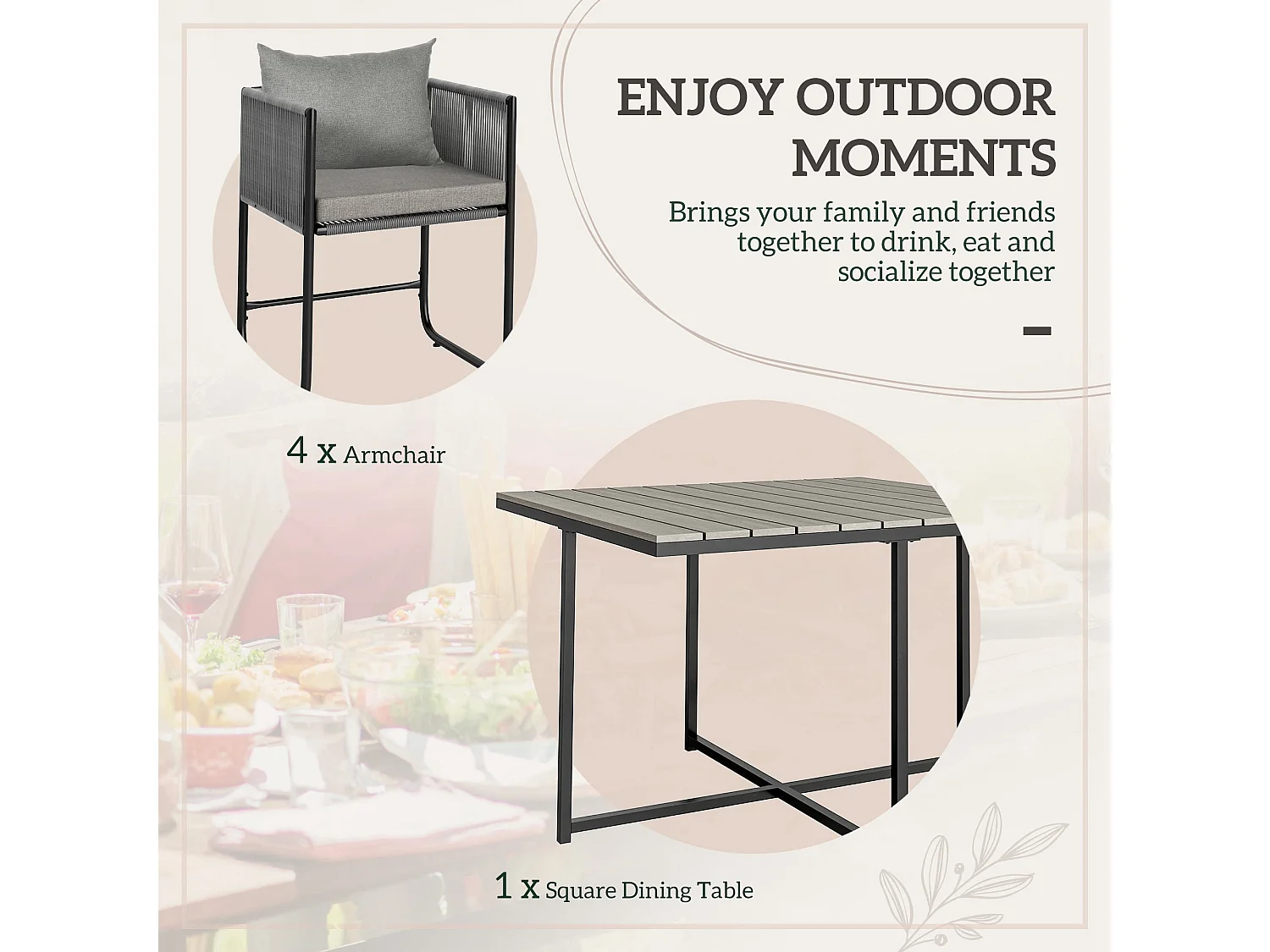 Donino Grey 4 Seater Rattan Cube Dining Set with Cushions and Wood Effect Table
