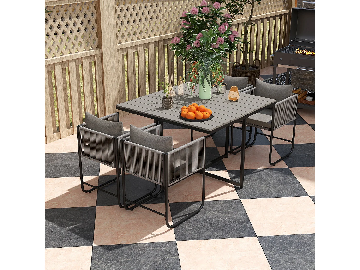 Donino Grey 4 Seater Rattan Cube Dining Set with Cushions and Wood Effect Table