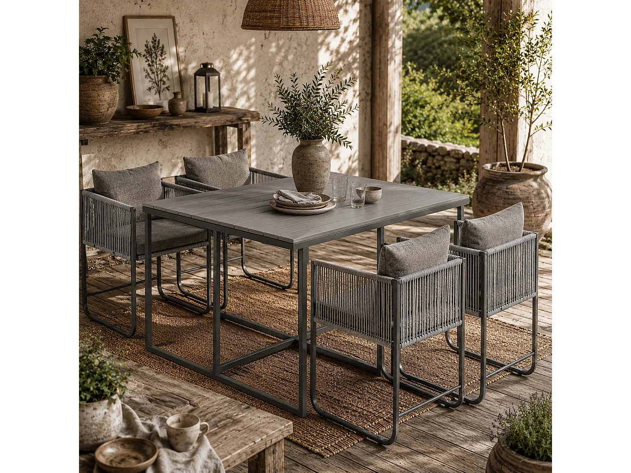 Donino Grey 4 Seater Rattan Cube Dining Set with Cushions and Wood Effect Table