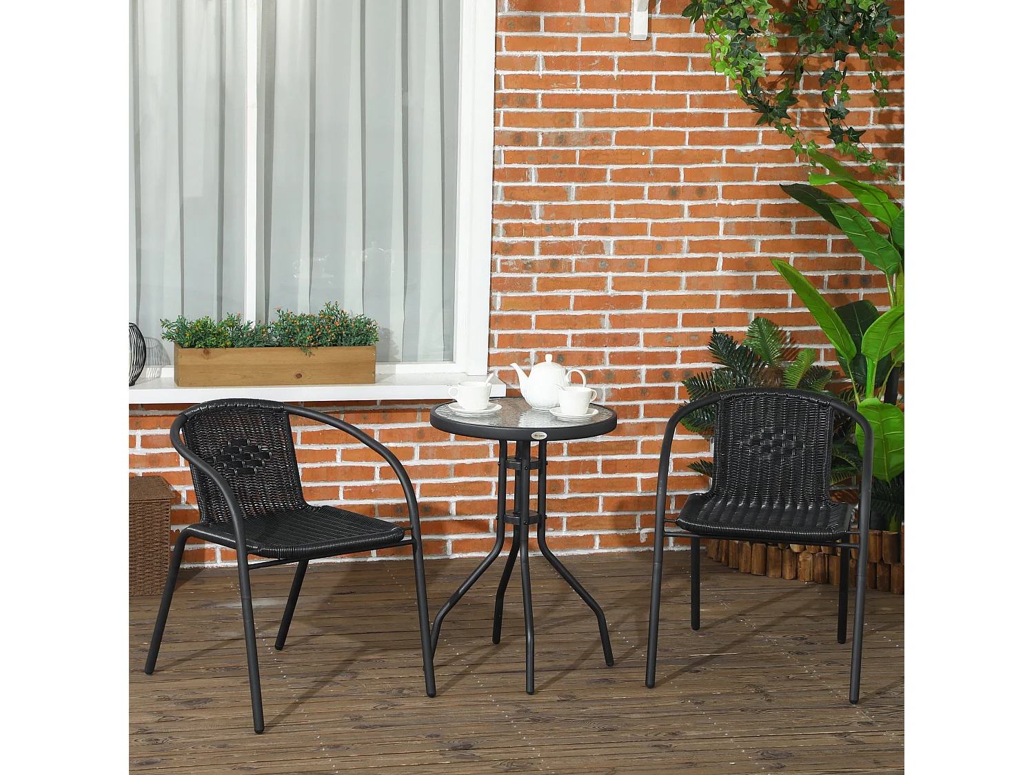 Lara 3 Piece Black Rattan Bistro Set 2 Chairs and Glass Table