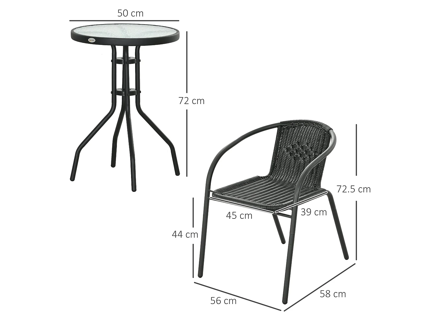 Lara 3 Piece Black Rattan Bistro Set 2 Chairs and Glass Table
