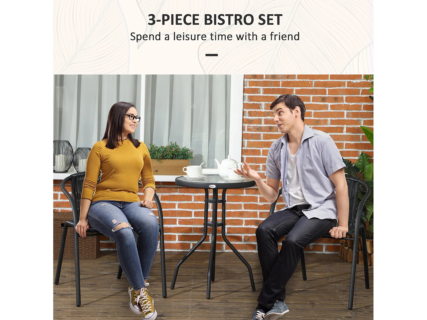 Lara 3 Piece Black Rattan Bistro Set 2 Chairs and Glass Table