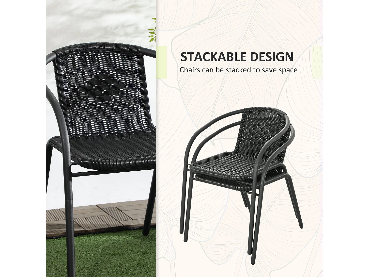 Lara 3 Piece Black Rattan Bistro Set 2 Chairs and Glass Table