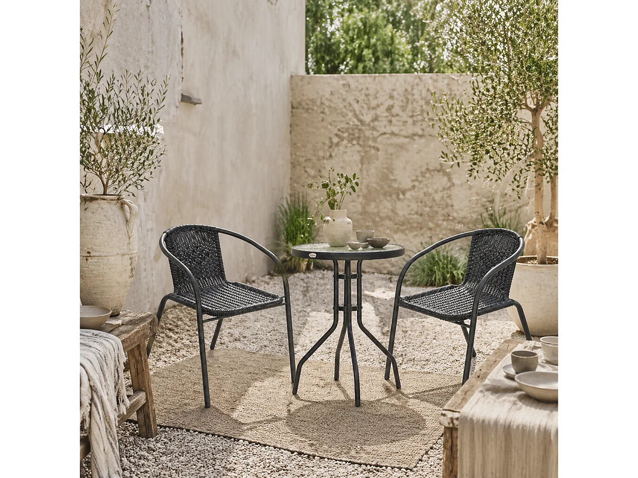 Lara 3 Piece Black Rattan Bistro Set 2 Chairs and Glass Table