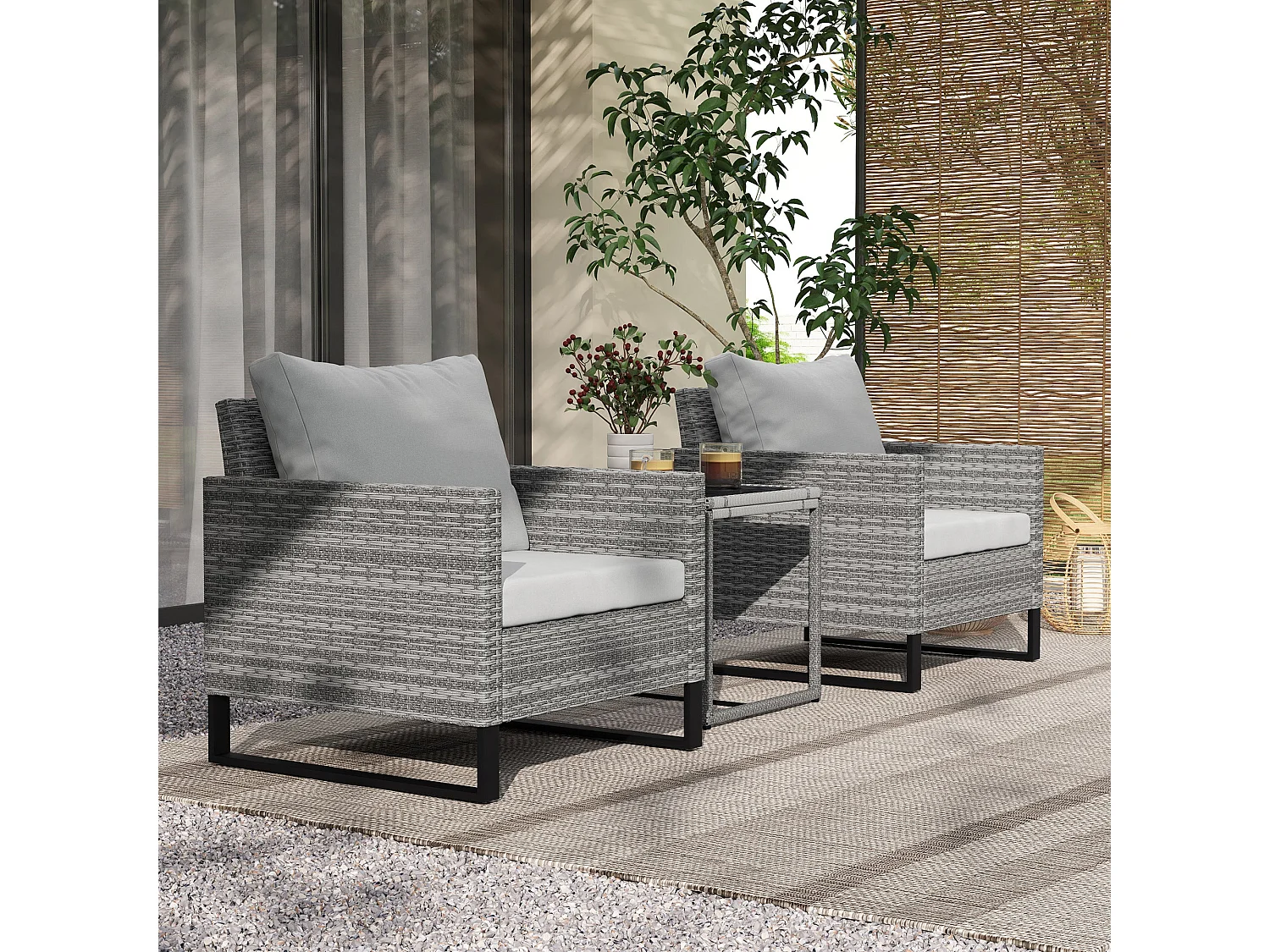 Dobaso Grey 3 Piece Rattan Bistro Set with Tempered Glass Table