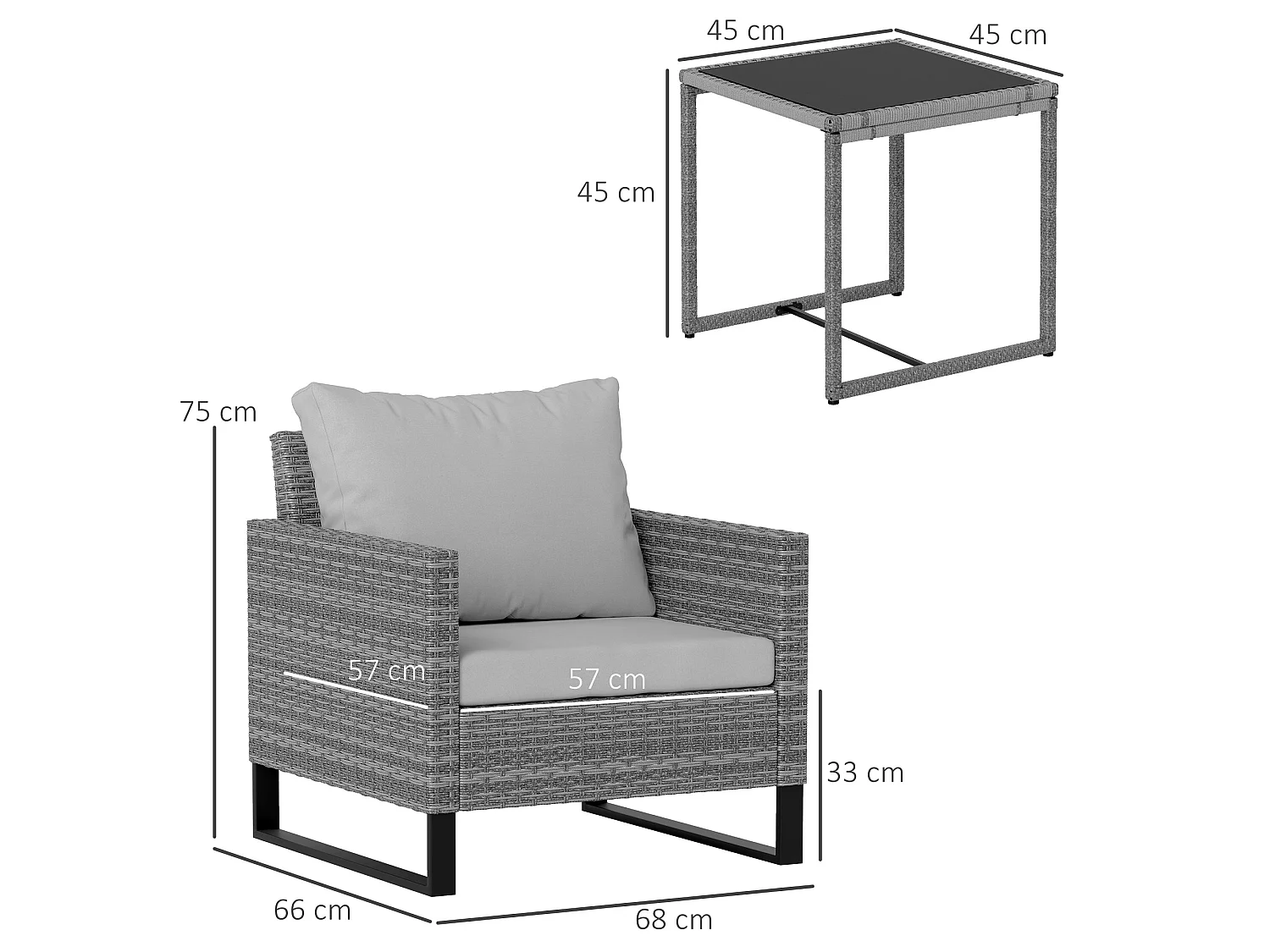 Dobaso Grey 3 Piece Rattan Bistro Set with Tempered Glass Table
